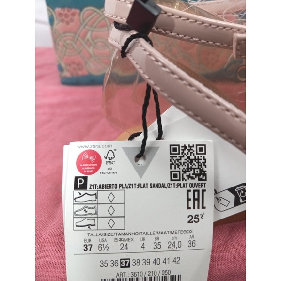 Zara Pink Feathers Strap Flats Summer Sandals Size 6.5 - Picture 4 of 12